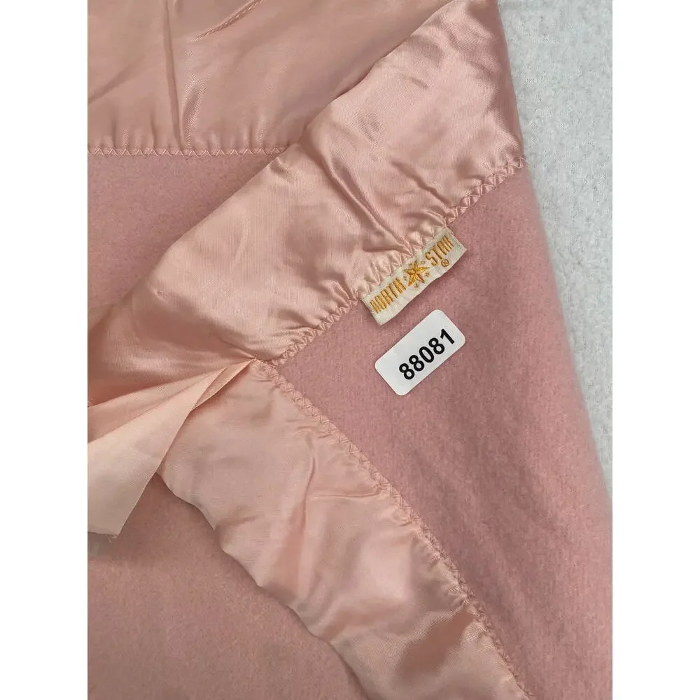 NORTH STAR Blanket Wool Satin Boarder Trim Lap Throw Pink Baby VTG 57